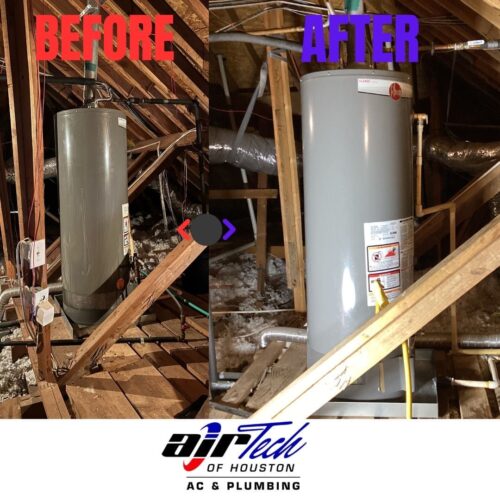 an old tank water heater installed in an attic next to a recently-installed, new system